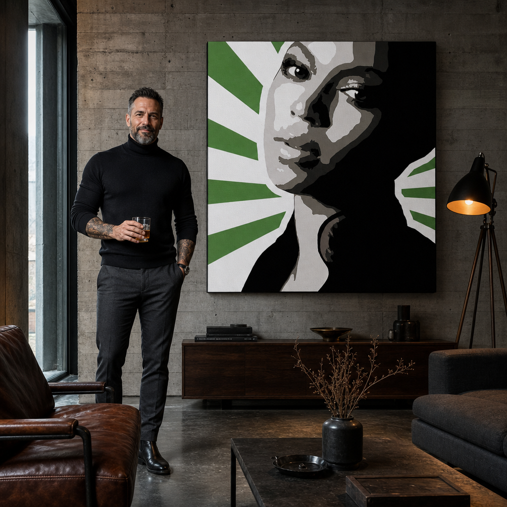 Tablou POP ART pictat manual BEYONCÉ 1 buc bey4 – tablou într-un interior modern masculin, vizualizare lifestyle. Culori dominante: verde, negru, gri, alb, roz.