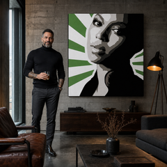 Tablou POP ART pictat manual BEYONCÉ 1 buc bey4 – tablou într-un interior modern masculin, vizualizare lifestyle. Culori dominante: verde, negru, gri, alb, roz.