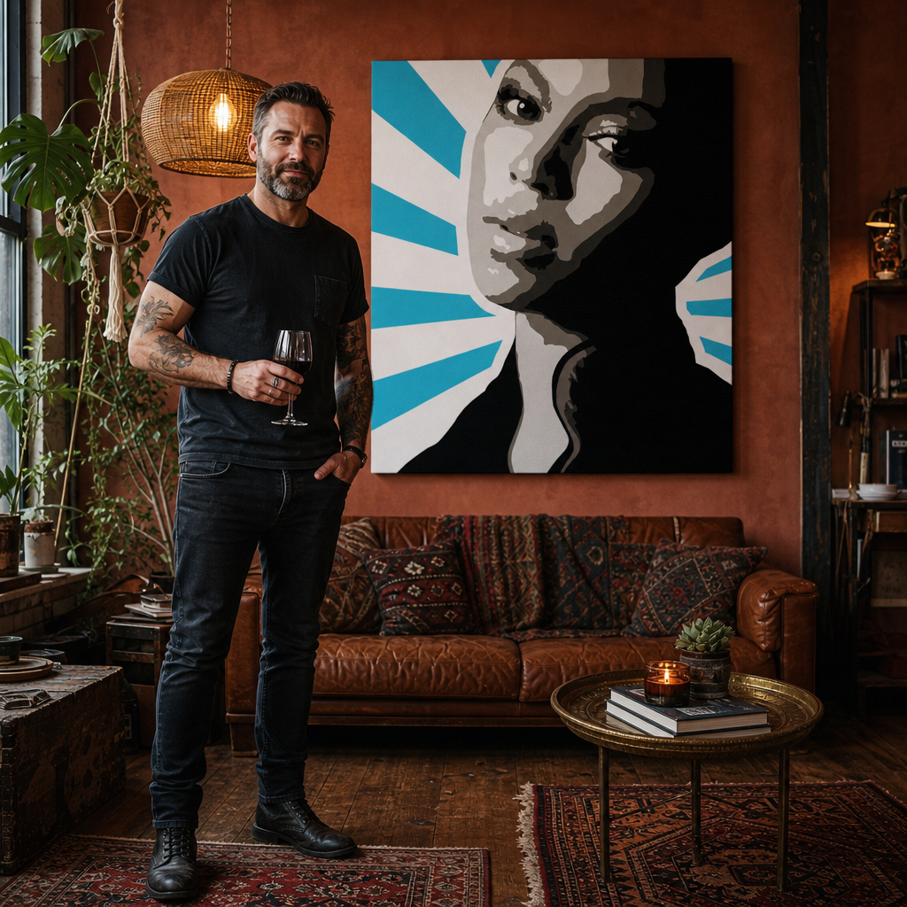 Tablou POP ART pictat manual BEYONCÉ 1 buc bey5 – tablou într-un interior modern masculin, vizualizare lifestyle. Culori dominante: negru, albastru, alb, gri, maro.