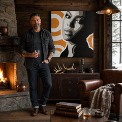 Tablou POP ART pictat manual BEYONCÉ 1 buc bey6 – tablou într-un interior modern masculin, vizualizare lifestyle. Culori dominante: negru, portocaliu, alb, gri.