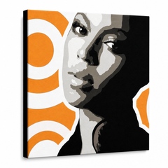 Tablou POP ART pictat manual BEYONCÉ 1 buc bey6 – Vizualizare 3D a tabloului pictat manual pe fundal alb. Culori dominante: negru, portocaliu, alb, gri.