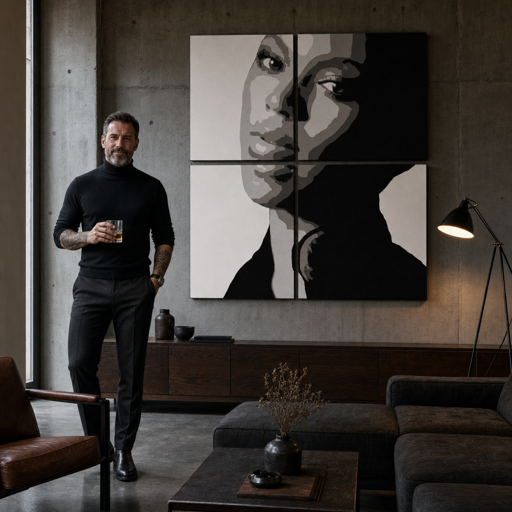Tablou POP ART pictat manual BEYONCÉ 4 buc bey – tablou într-un interior modern masculin, vizualizare lifestyle. Culori dominante: negru, alb, gri.