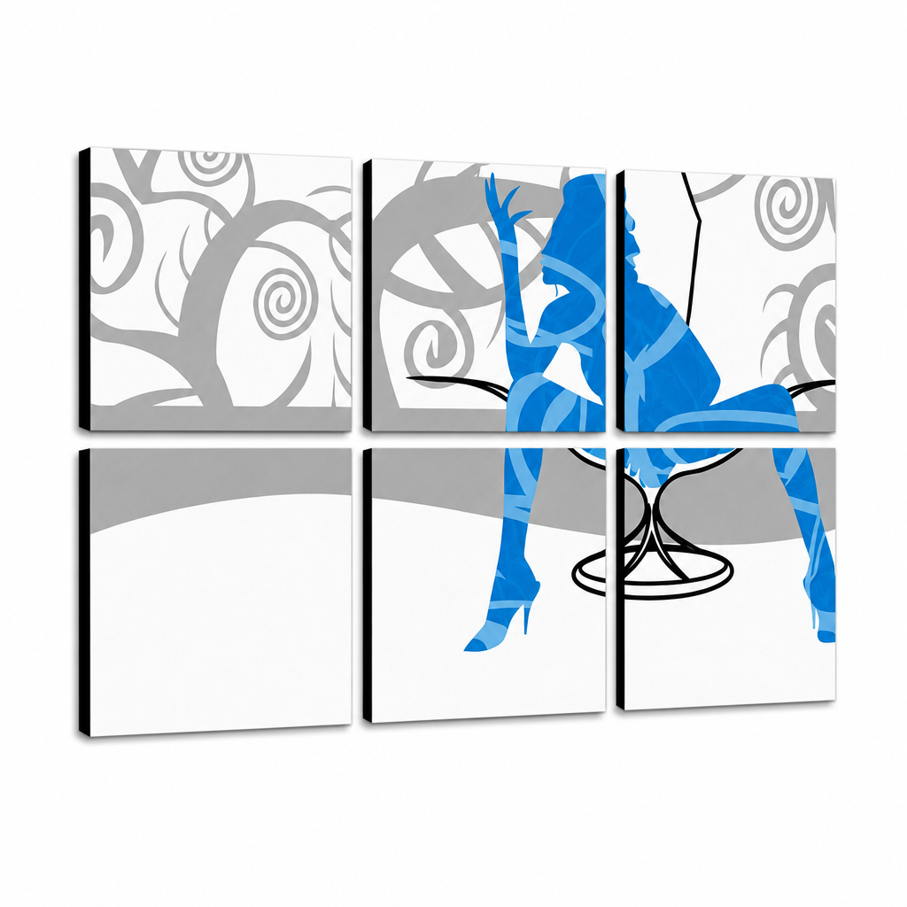 Tablou POP ART pictat manual Blue Woman 6 bucăți bw – Vizualizare 3D a tabloului pictat manual pe fundal alb. Culori dominante: albastru, gri, alb.