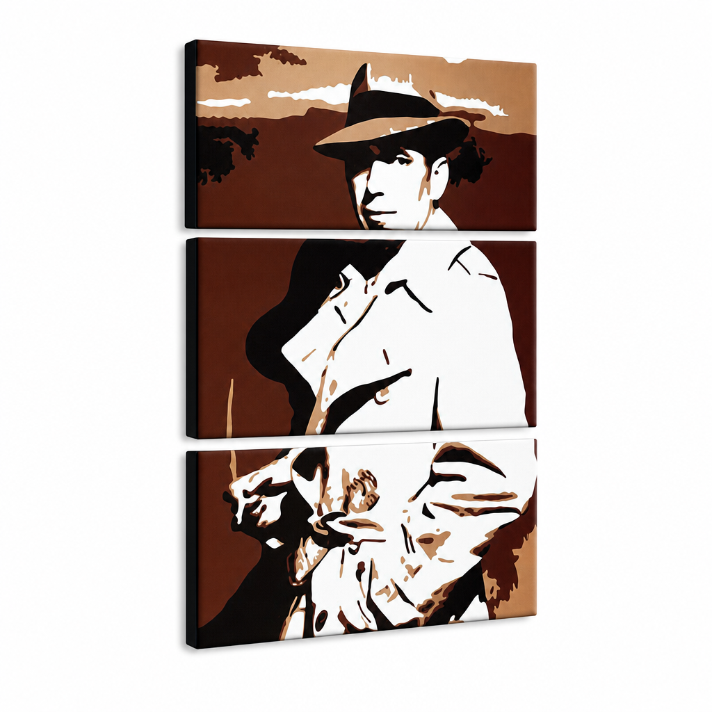 Tablou POP ART pictat manual BOGARD 3 părți bog – Vizualizare 3D a tabloului pictat manual pe fundal alb. Culori dominante: maro, alb, negru, auriu.