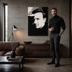 Tablou POP ART pictat manual Bono-U2 1 bucată bono – tablou într-un interior modern masculin, vizualizare lifestyle. Culori dominante: negru, alb, gri.