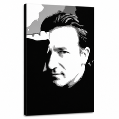 Tablou POP ART pictat manual Bono-U2 1 bucată bono – Vizualizare 3D a tabloului pictat manual pe fundal alb. Culori dominante: negru, alb, gri.