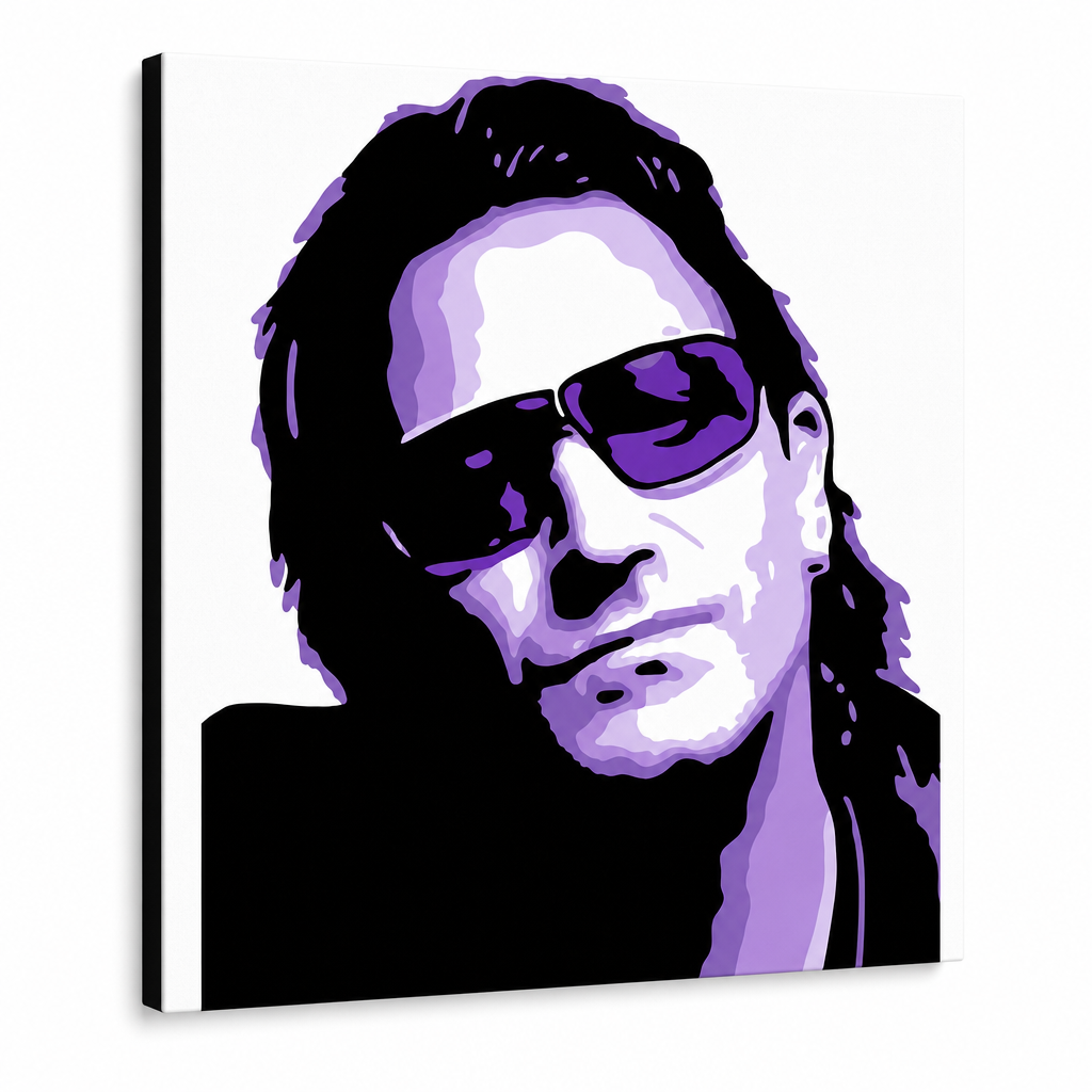 Tablou POP ART pictat manual Bono-U2 1 bucată bono3 – Vizualizare 3D a tabloului pictat manual pe fundal alb. Culori dominante: negru, mov, alb.