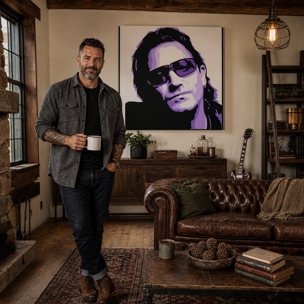 Tablou POP ART pictat manual Bono-U2 1 bucată bono3 – tablou într-un interior modern masculin, vizualizare lifestyle. Culori dominante: negru, mov, alb.