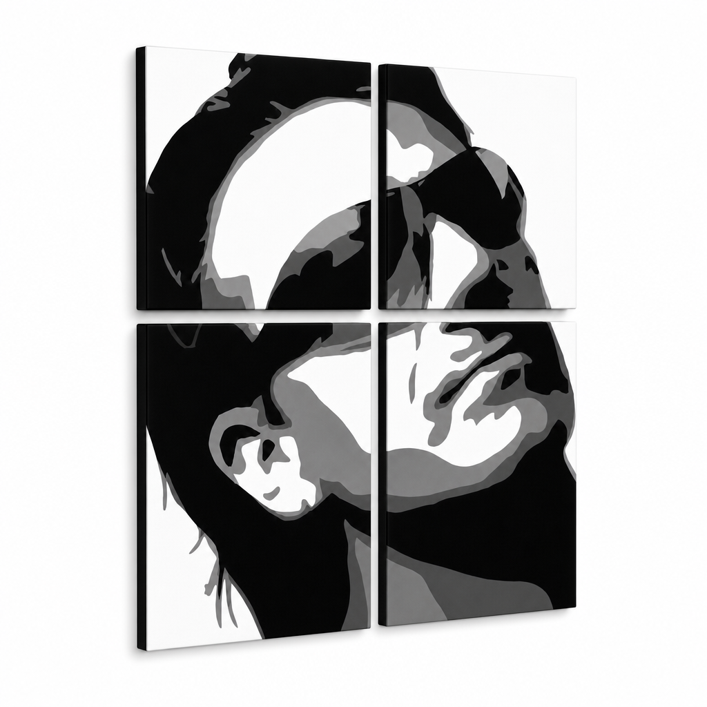 Tablou POP ART pictat manual Bono-U2 4 buc bono2 – Vizualizare 3D a tabloului pictat manual pe fundal alb. Culori dominante: negru, alb, gri.