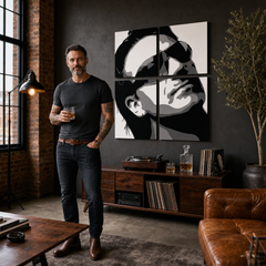 Tablou POP ART pictat manual Bono-U2 4 buc bono2 – tablou într-un interior modern masculin, vizualizare lifestyle. Culori dominante: negru, alb, gri.