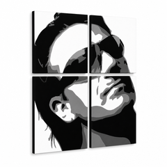 Tablou POP ART pictat manual Bono-U2 4 buc bono2 – Vizualizare 3D a tabloului pictat manual pe fundal alb. Culori dominante: negru, alb, gri.