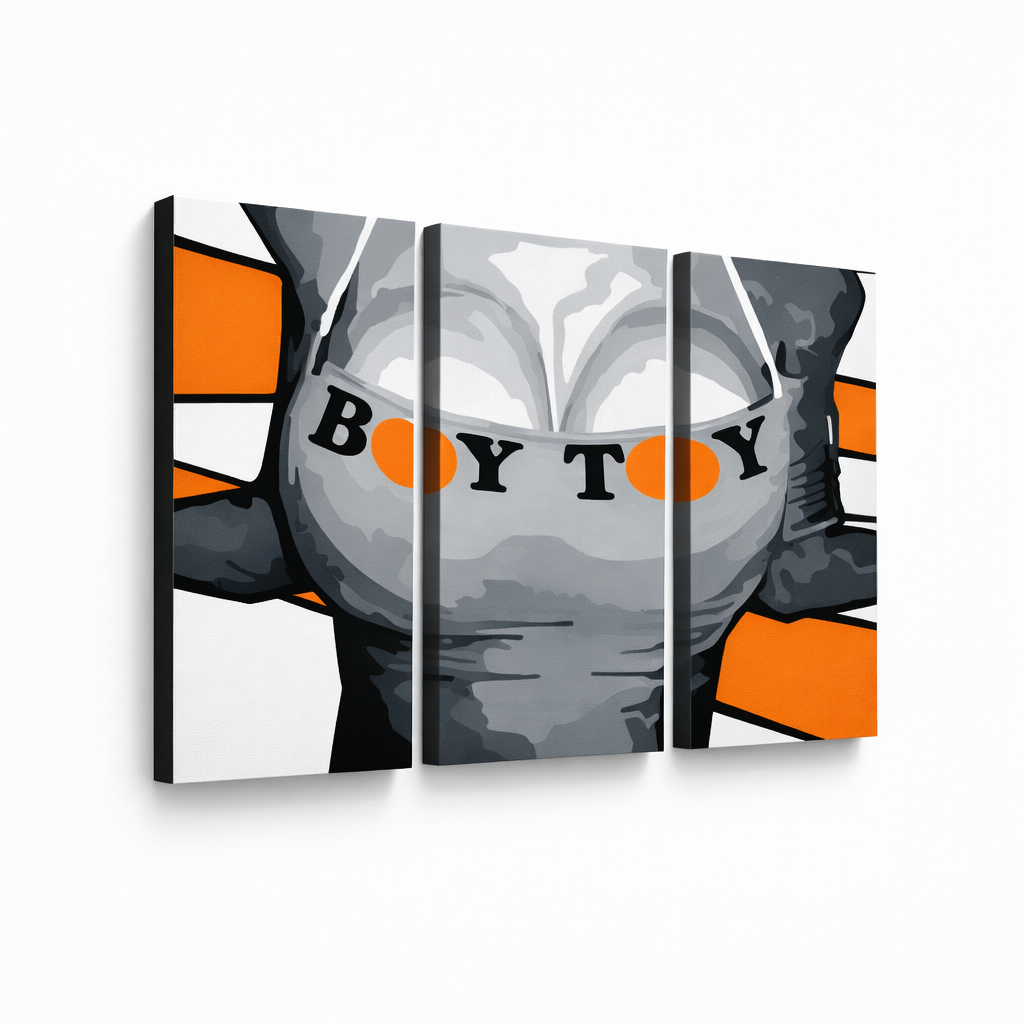 Tablou POP ART pictat manual Boy Toy 3 piese boytoy – Vizualizare 3D a tabloului pictat manual pe fundal alb. Culori dominante: negru, portocaliu, gri.