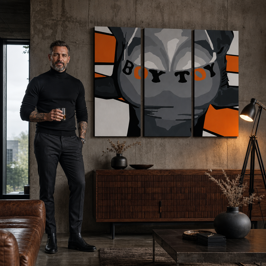 Tablou POP ART pictat manual Boy Toy 3 piese boytoy – tablou într-un interior modern masculin, vizualizare lifestyle. Culori dominante: negru, portocaliu, gri.
