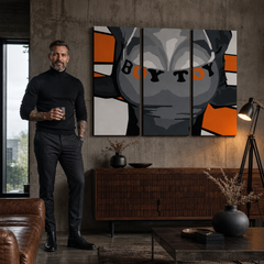Tablou POP ART pictat manual Boy Toy 3 piese boytoy – tablou într-un interior modern masculin, vizualizare lifestyle. Culori dominante: negru, portocaliu, gri.