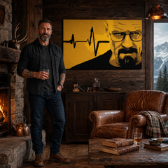 Tablou POP ART pictat manual BREAKING BAD 1 buc brb2 – tablou într-un interior modern masculin, vizualizare lifestyle. Culori dominante: galben, negru, maro.