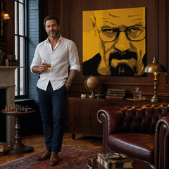 Tablou POP ART pictat manual Breaking Bad 4 bucăți brb – tablou într-un interior modern masculin, vizualizare lifestyle. Culori dominante: galben, negru, maro.