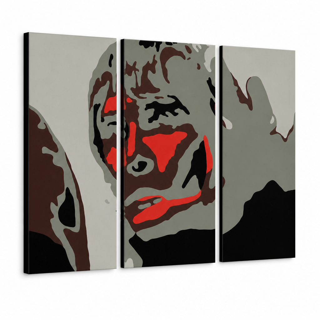 Tablou POP ART pictat manual BROWN APE 3 bucăți ibbrown – Vizualizare 3D a tabloului pictat manual pe fundal alb. Culori dominante: negru, roșu, gri, maro, alb.