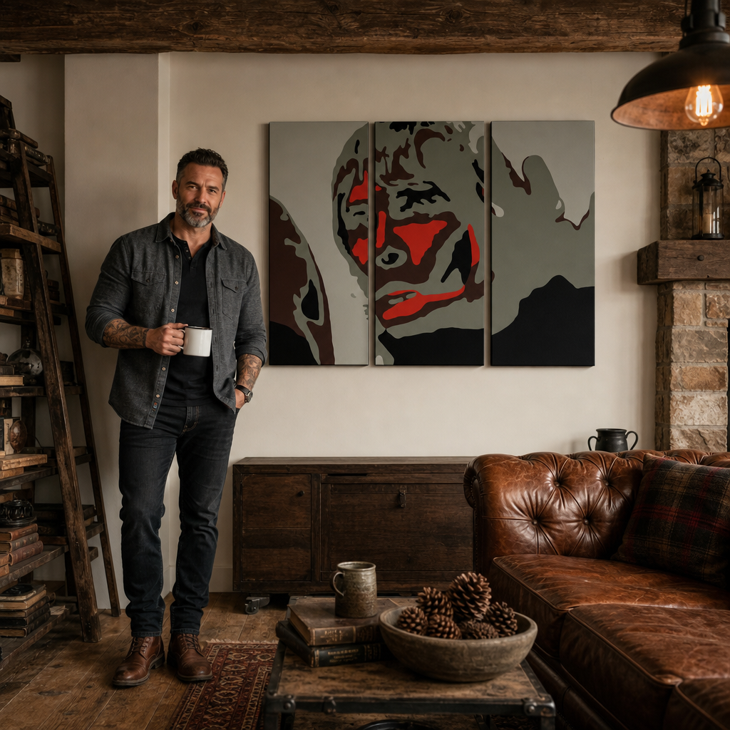 Tablou POP ART pictat manual BROWN APE 3 bucăți ibbrown – tablou într-un interior modern masculin, vizualizare lifestyle. Culori dominante: negru, roșu, gri, maro, alb.