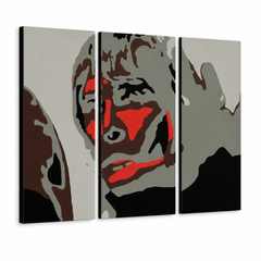 Tablou POP ART pictat manual BROWN APE 3 bucăți ibbrown – Vizualizare 3D a tabloului pictat manual pe fundal alb. Culori dominante: negru, roșu, gri, maro, alb.