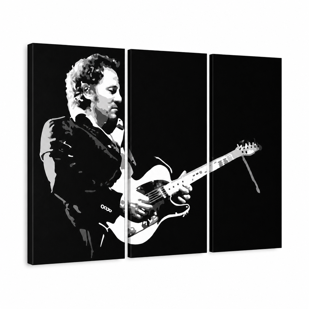 Tablou POP ART pictat manual Bruce Springsteen 3 bucăți bs – Vizualizare 3D a tabloului pictat manual pe fundal alb. Culori dominante: negru, alb, gri.