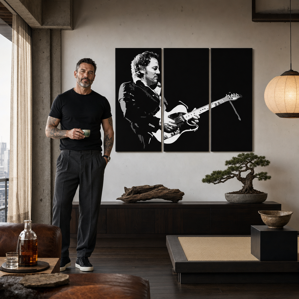 Tablou POP ART pictat manual Bruce Springsteen 3 bucăți bs – tablou într-un interior modern masculin, vizualizare lifestyle. Culori dominante: negru, alb, gri.