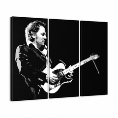 Tablou POP ART pictat manual Bruce Springsteen 3 bucăți bs – Vizualizare 3D a tabloului pictat manual pe fundal alb. Culori dominante: negru, alb, gri.