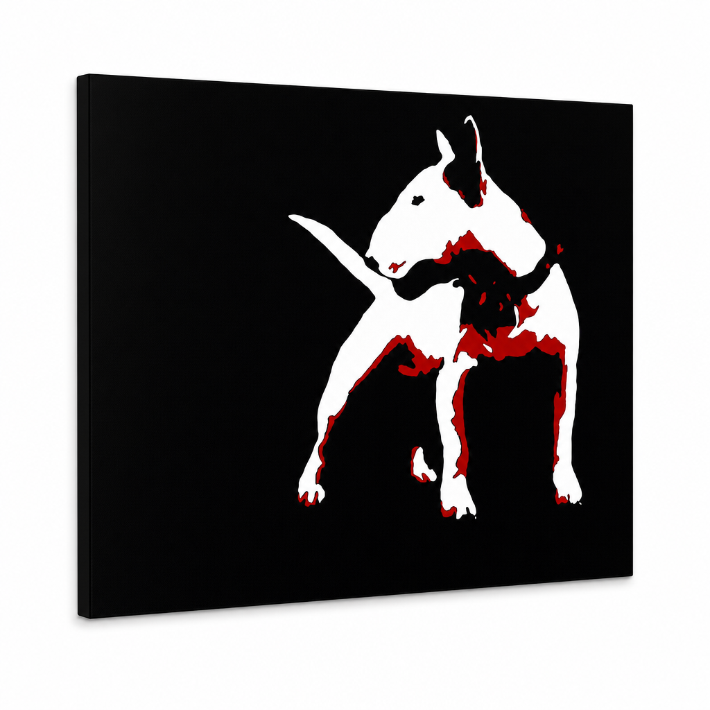 Tablou POP ART pictat manual Câine 1 bucată câine – Vizualizare 3D a tabloului pictat manual pe fundal alb. Culori dominante: negru, alb, roșu.