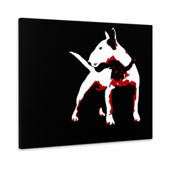 Tablou POP ART pictat manual Câine 1 bucată câine – Vizualizare 3D a tabloului pictat manual pe fundal alb. Culori dominante: negru, alb, roșu.