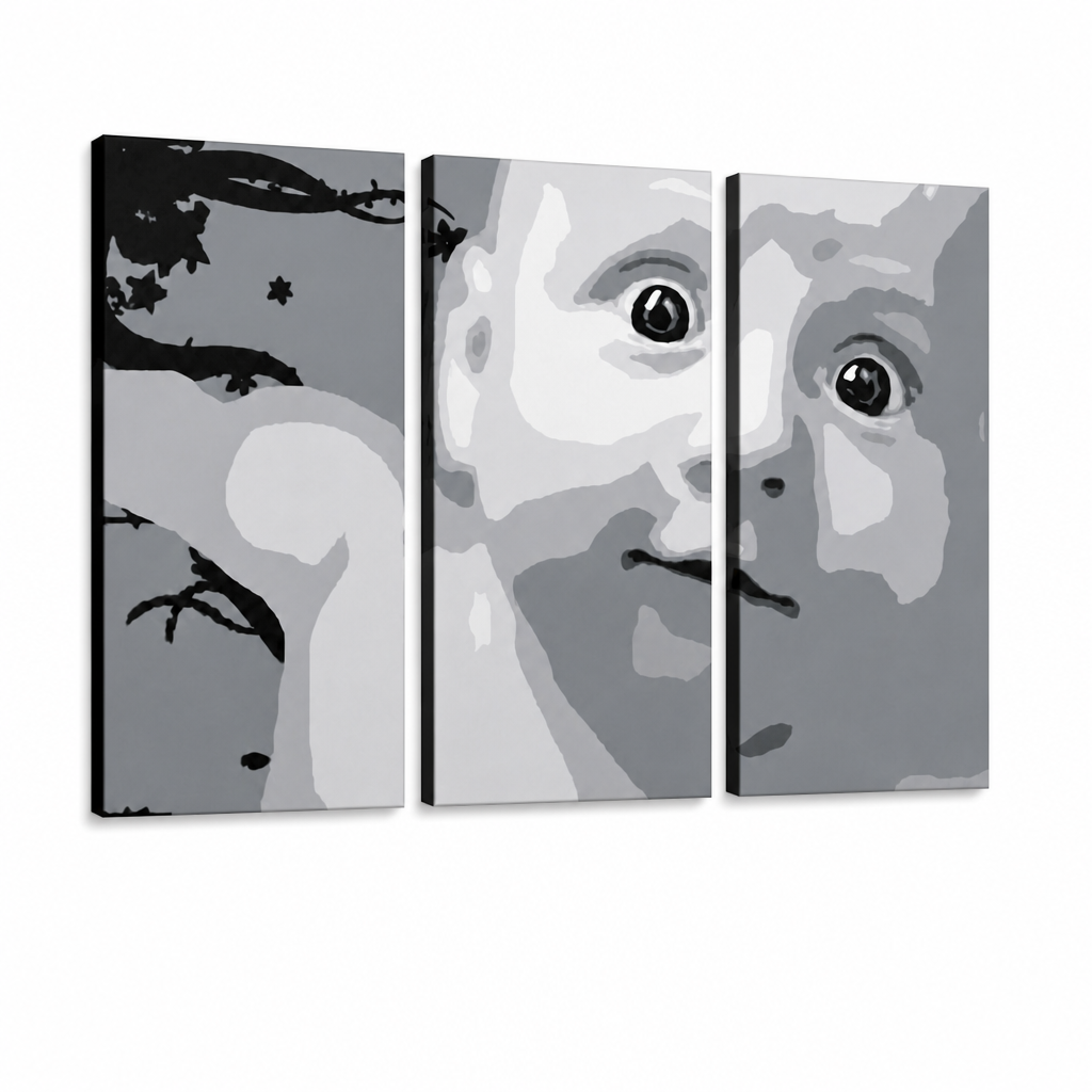 Tablou POP ART pictat manual CHILD 3 părți copil – Vizualizare 3D a tabloului pictat manual pe fundal alb. Culori dominante: alb, negru, gri.