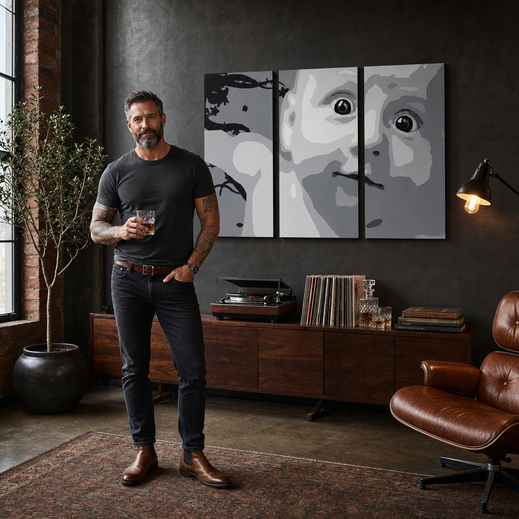 Tablou POP ART pictat manual CHILD 3 părți copil – tablou într-un interior modern masculin, vizualizare lifestyle. Culori dominante: alb, negru, gri.