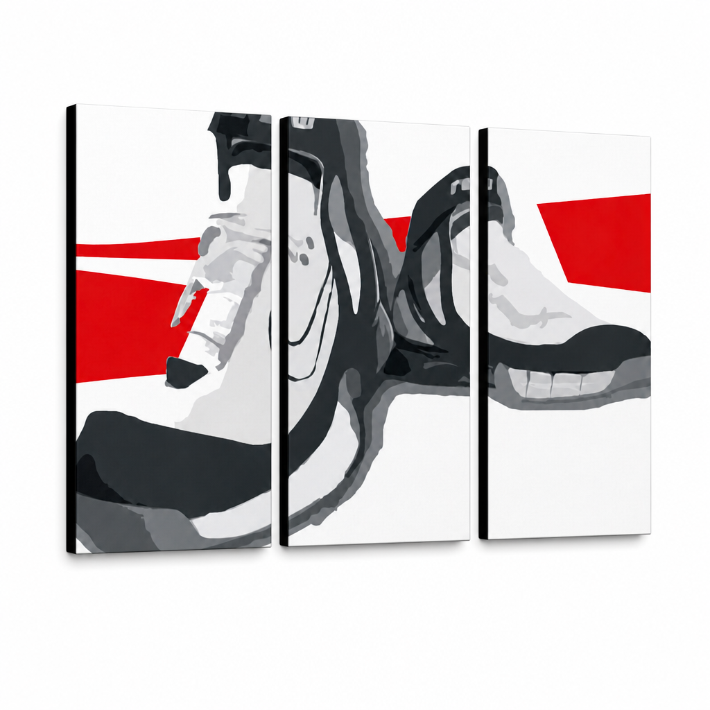 Tablou POP ART pictat manual cizme 3 bucăți cizme – Vizualizare 3D a tabloului pictat manual pe fundal alb. Culori dominante: negru, alb, roșu.