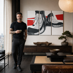 Tablou POP ART pictat manual cizme 3 bucăți cizme – tablou într-un interior modern masculin, vizualizare lifestyle. Culori dominante: negru, alb, roșu.