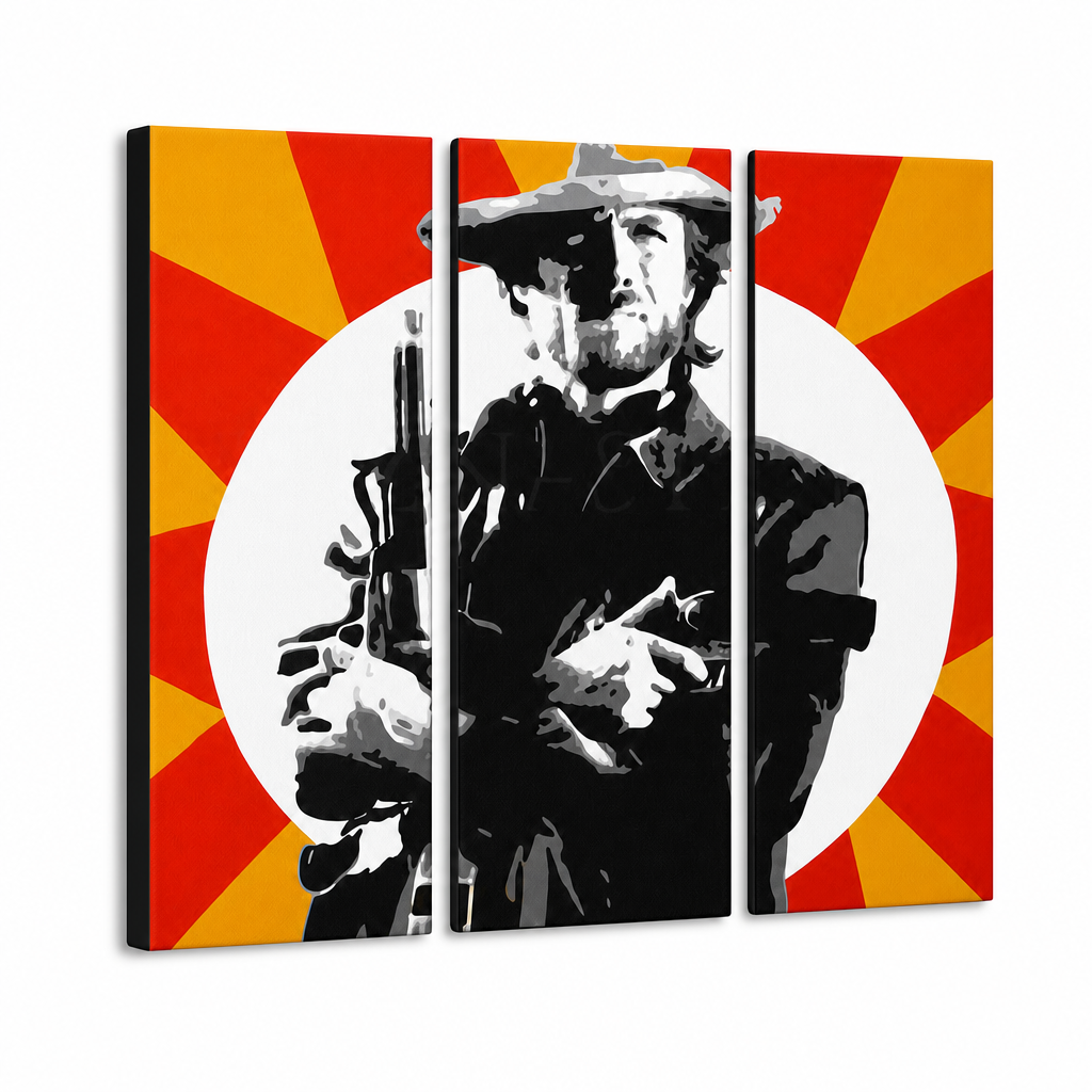 Tablou POP ART pictat manual Clint Eastwood 3 bucăți ce2 – Vizualizare 3D a tabloului pictat manual pe fundal alb. Culori dominante: negru, galben, roșu, alb.