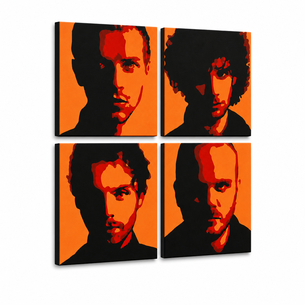 Tablou POP ART pictat manual Coldplay 4 bucăți cp2 – Vizualizare 3D a tabloului pictat manual pe fundal alb. Culori dominante: negru, portocaliu, roșu.