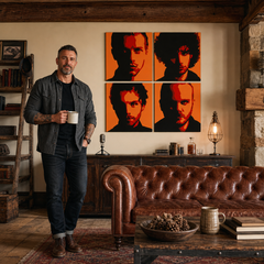 Tablou POP ART pictat manual Coldplay 4 bucăți cp2 – tablou într-un interior modern masculin, vizualizare lifestyle. Culori dominante: negru, portocaliu, roșu.