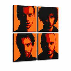 Tablou POP ART pictat manual Coldplay 4 bucăți cp2 – Vizualizare 3D a tabloului pictat manual pe fundal alb. Culori dominante: negru, portocaliu, roșu.
