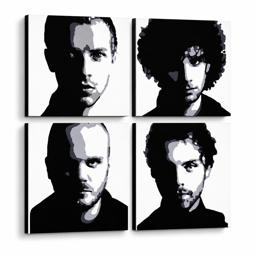 Tablou POP ART pictat manual Coldplay 4 piese cp – Vizualizare 3D a tabloului pictat manual pe fundal alb. Culori dominante: negru, alb, gri.