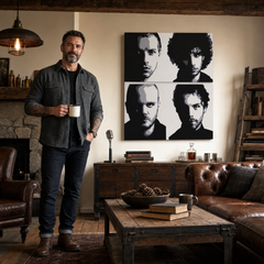 Tablou POP ART pictat manual Coldplay 4 piese cp – tablou într-un interior modern masculin, vizualizare lifestyle. Culori dominante: negru, alb, gri.