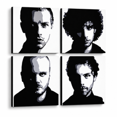 Tablou POP ART pictat manual Coldplay 4 piese cp – Vizualizare 3D a tabloului pictat manual pe fundal alb. Culori dominante: negru, alb, gri.