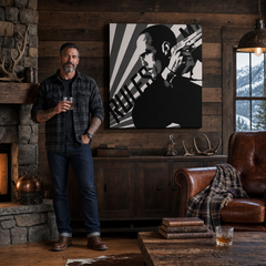 Tablou POP ART pictat manual Courier 1 parte kur – tablou într-un interior modern masculin, vizualizare lifestyle. Culori dominante: negru, alb, gri.