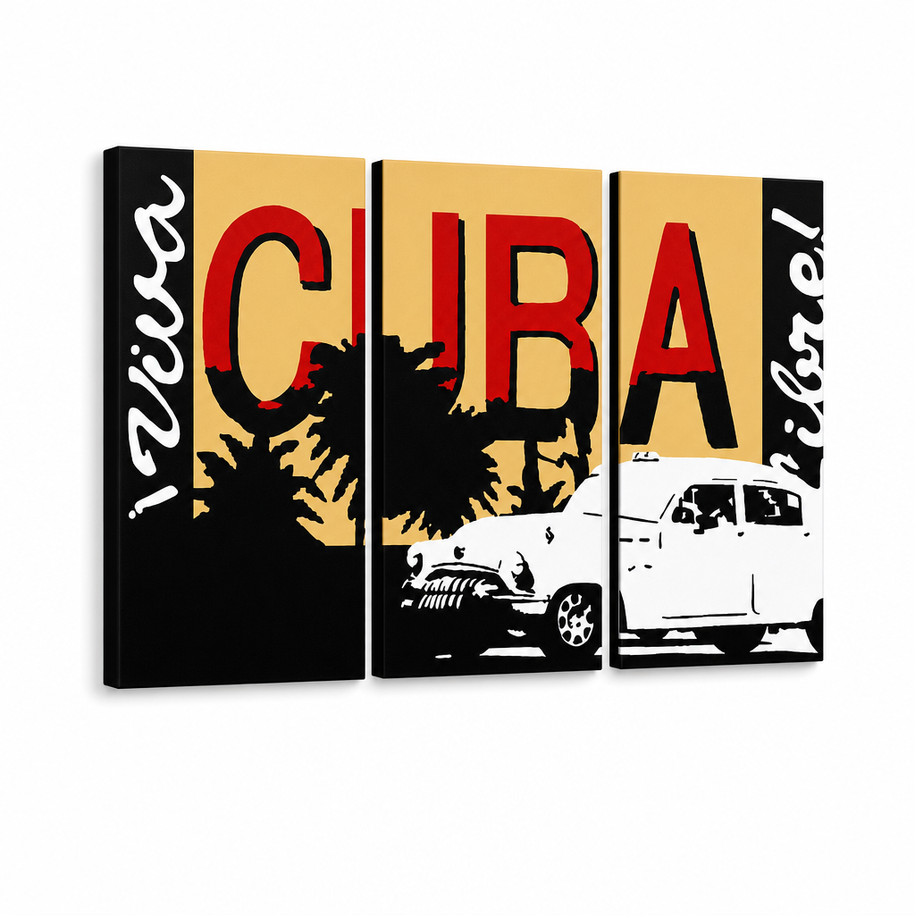 Tablou POP ART pictat manual Cuba 3 buc cuba – Vizualizare 3D a tabloului pictat manual pe fundal alb. Culori dominante: negru, roșu, portocaliu, galben, alb.