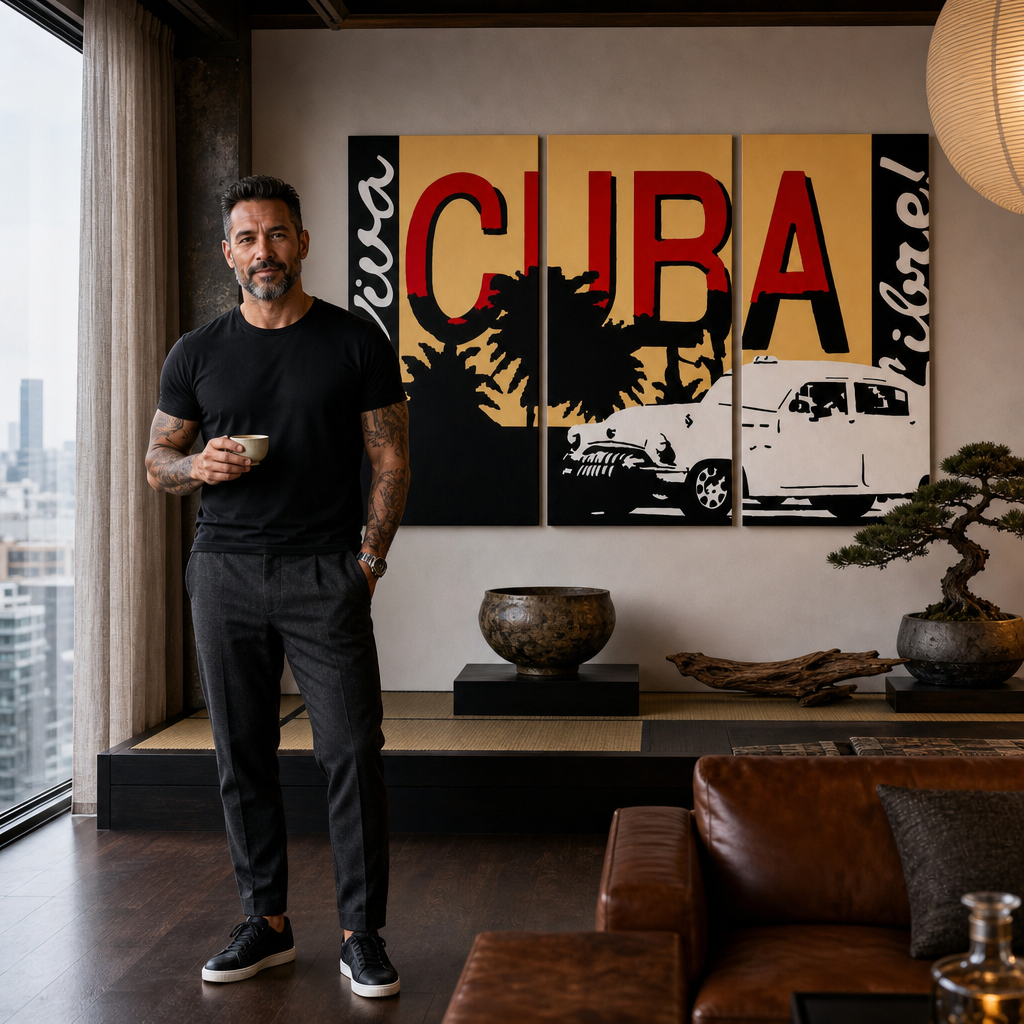 Tablou POP ART pictat manual Cuba 3 buc cuba – tablou într-un interior modern masculin, vizualizare lifestyle. Culori dominante: negru, roșu, portocaliu, galben, alb.