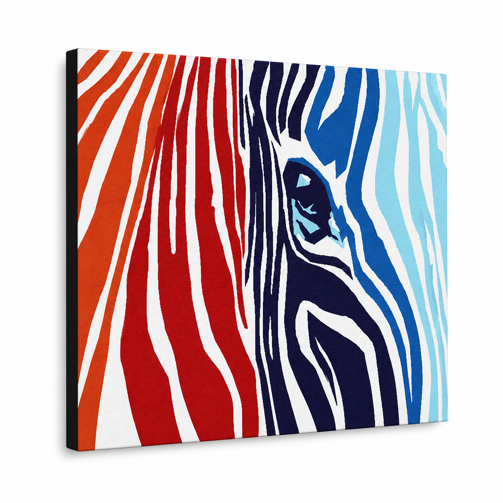 Tablou POP ART pictat manual CULORI 1 bucată zebră – Vizualizare 3D a tabloului pictat manual pe fundal alb. Culori dominante: roșu, oranzová, albastru, alb, negru.
