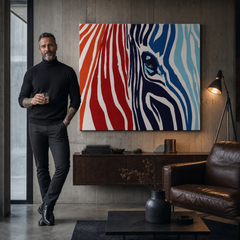 Tablou POP ART pictat manual CULORI 1 bucată zebră – tablou într-un interior modern masculin, vizualizare lifestyle. Culori dominante: roșu, oranzová, albastru, alb, negru.