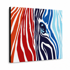 Tablou POP ART pictat manual CULORI 1 bucată zebră – Vizualizare 3D a tabloului pictat manual pe fundal alb. Culori dominante: roșu, oranzová, albastru, alb, negru.