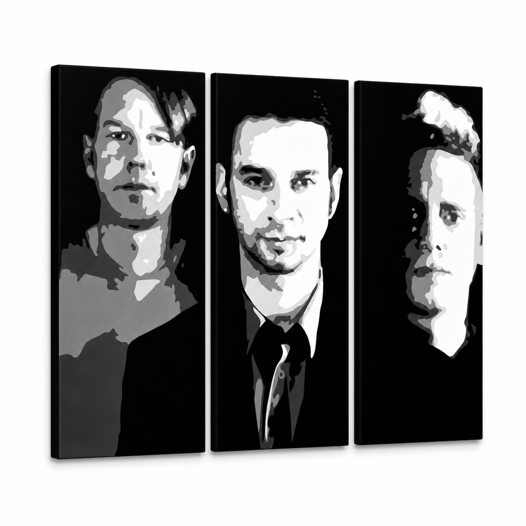 Tablou POP ART pictat manual de Depeche Mode 3 părți 000 dep – Vizualizare 3D a tabloului pictat manual pe fundal alb. Culori dominante: negru, alb, gri.