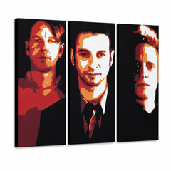 Tablou POP ART pictat manual Depeche Mode 3 piese dep2 – Vizualizare 3D a tabloului pictat manual pe fundal alb. Culori dominante: negru, roșu, oranzová, alb.