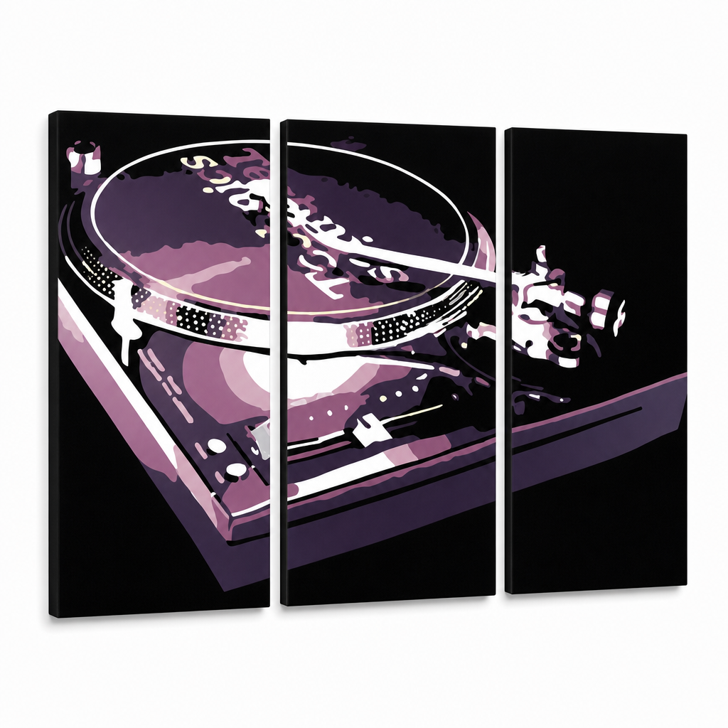 Tablou POP ART pictat manual DJ 3 buc dj – Vizualizare 3D a tabloului pictat manual pe fundal alb. Culori dominante: negru, mov, alb.