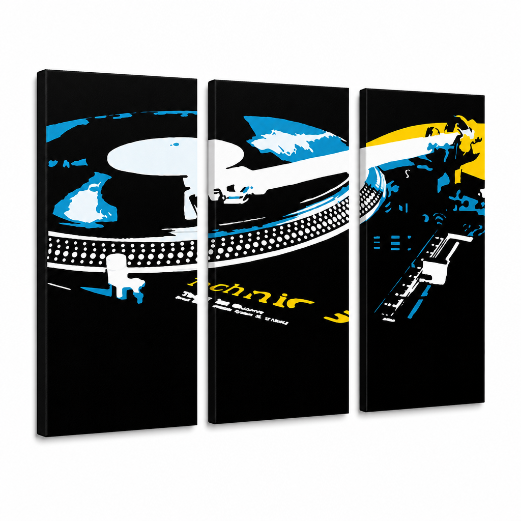 Tablou POP ART pictat manual DJ 3 buc dj3 – Vizualizare 3D a tabloului pictat manual pe fundal alb. Culori dominante: negru, albastru, galben, alb.