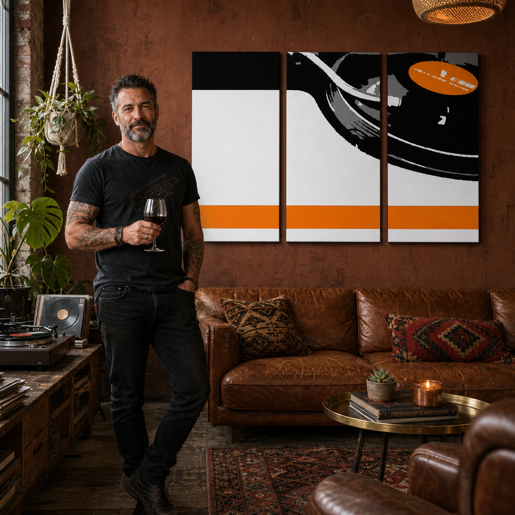 Tablou POP ART pictat manual DJ 3 buc dj5 – tablou într-un interior modern masculin, vizualizare lifestyle. Culori dominante: negru, portocaliu, alb.